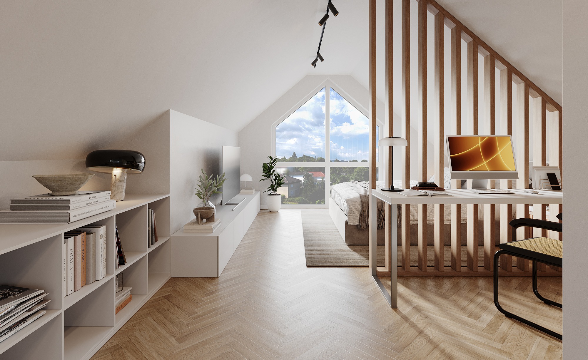 Offener Wohnraum mit Galerie in einer Neubauwohnung an der Achalm – Visualisierung