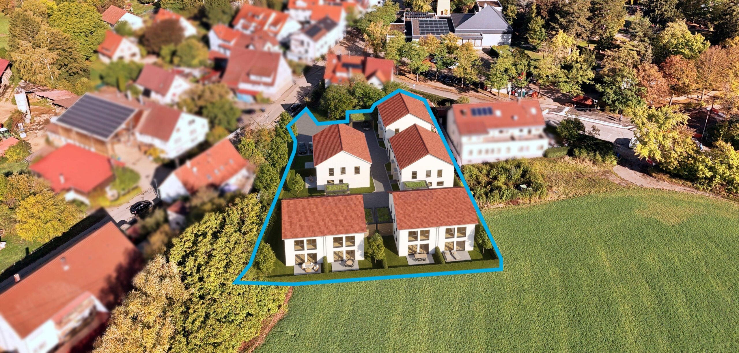 Beispielhafte Illustration des geplanten Wohngebiets an der Stauseestraße in Metzingen-Neuhausen – zehn Häuser am Feldrand
